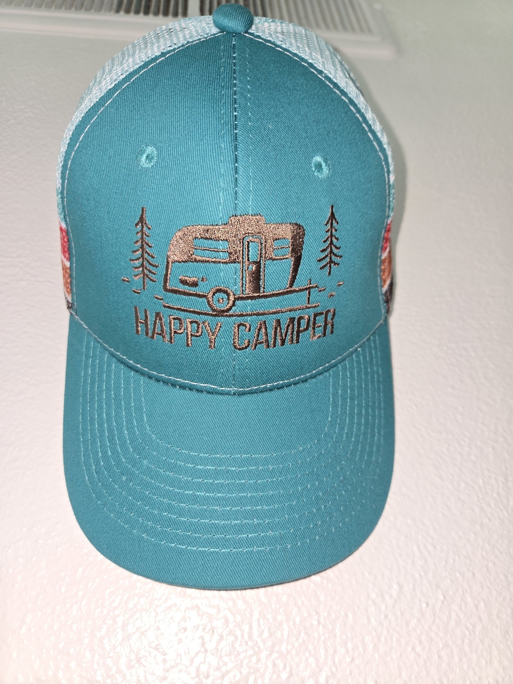 Teal "Happy Camper" Embroidered Trucker Hat